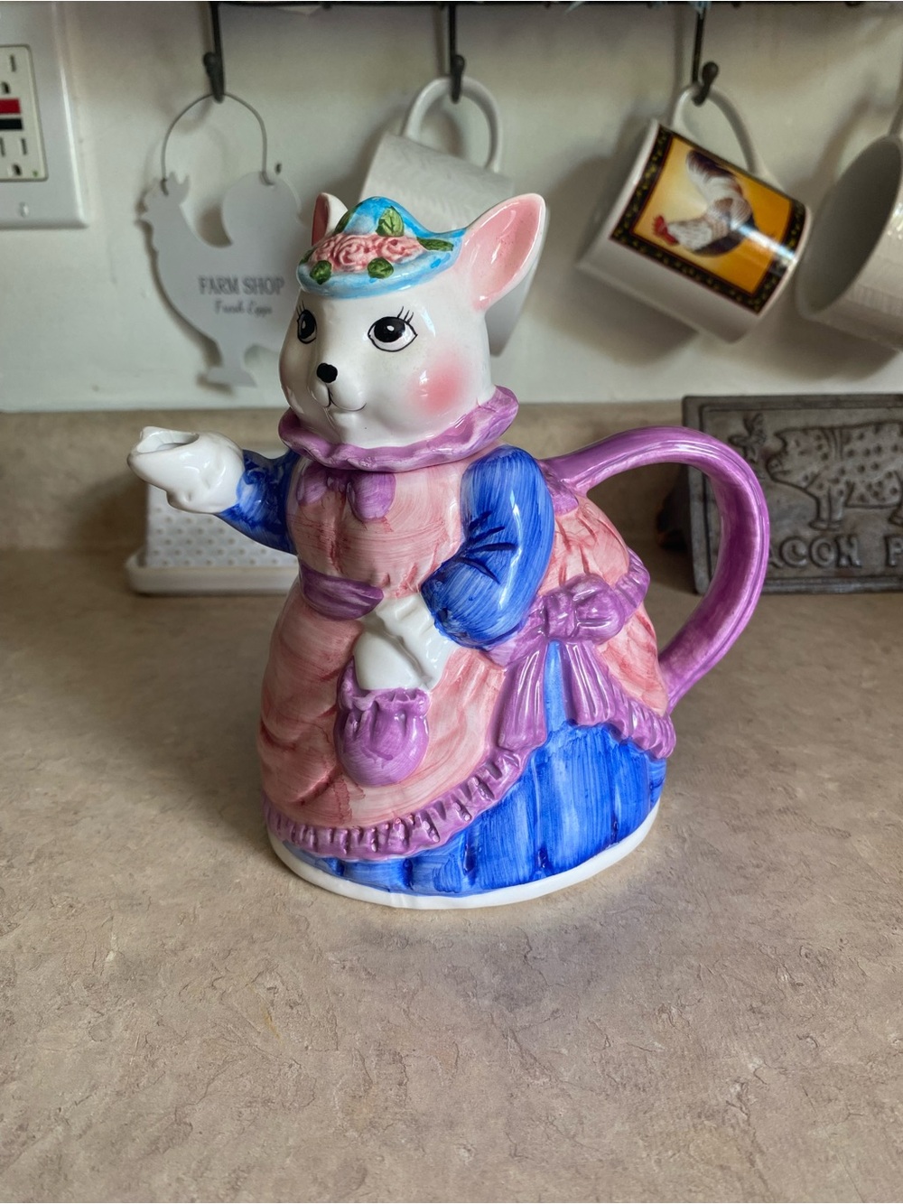 Vintage 90s Enesco Victorian Bunny Ceramic DecorTeapot Rabbit Kettle Cottage